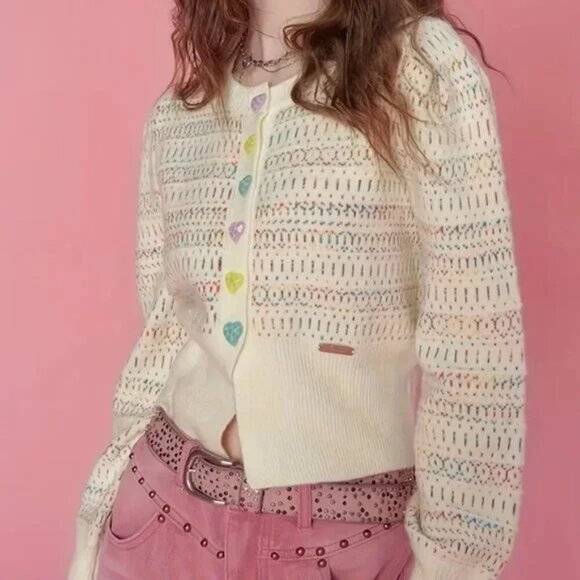 Cream Beige Love Heart Colorful Button Cardigan Sweater - Picture 5 of 5